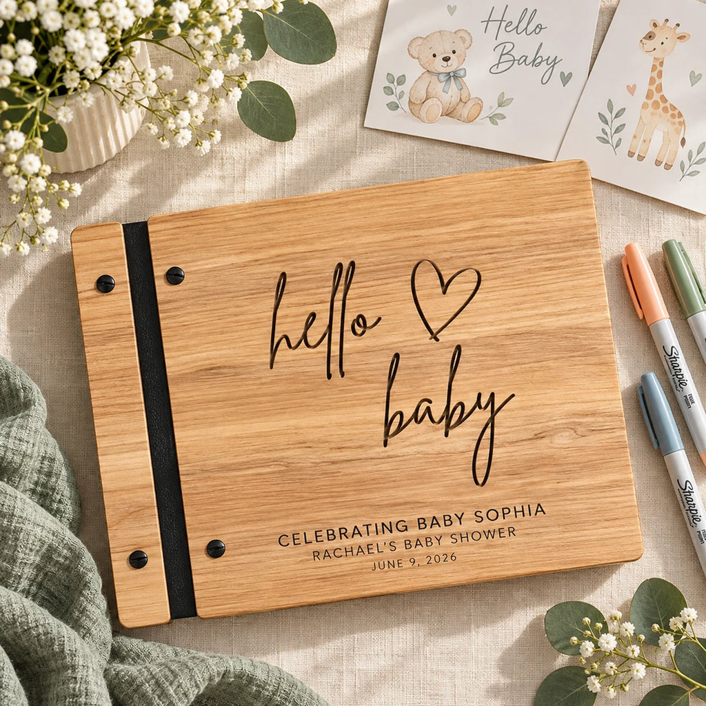 Hello Baby guest book with Maple cover and personalized baby shower text