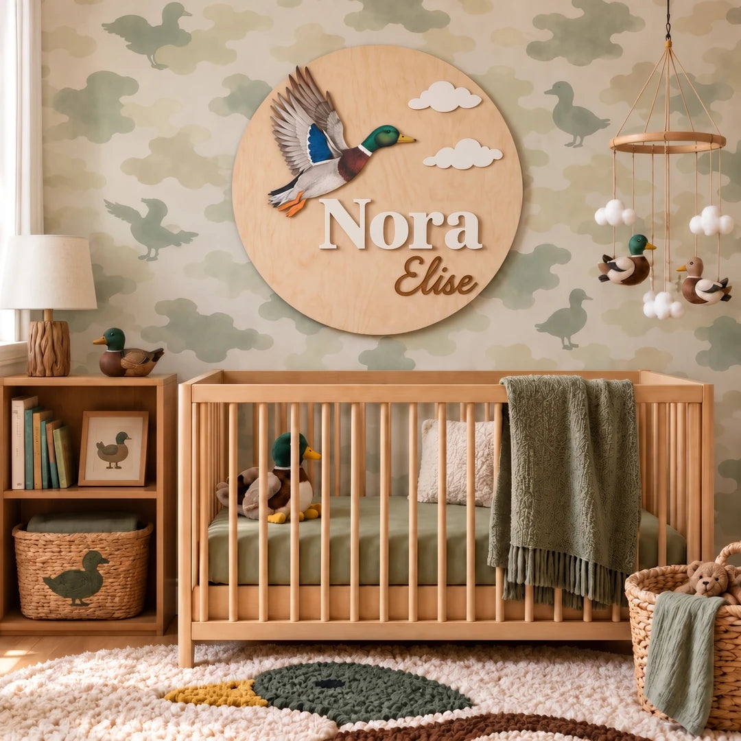 Personalized Mallard Duck name sign displayed above a crib in an earthy-toned nursery