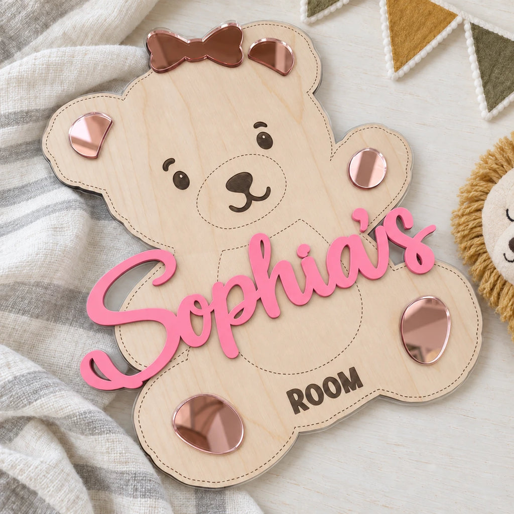 Girl teddy bear nursery sign with personalized Sophia's name and ROOM engraving