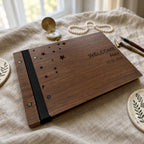 Welcome Little Stars baby book with Dark Walnut cover and personalized name and date
