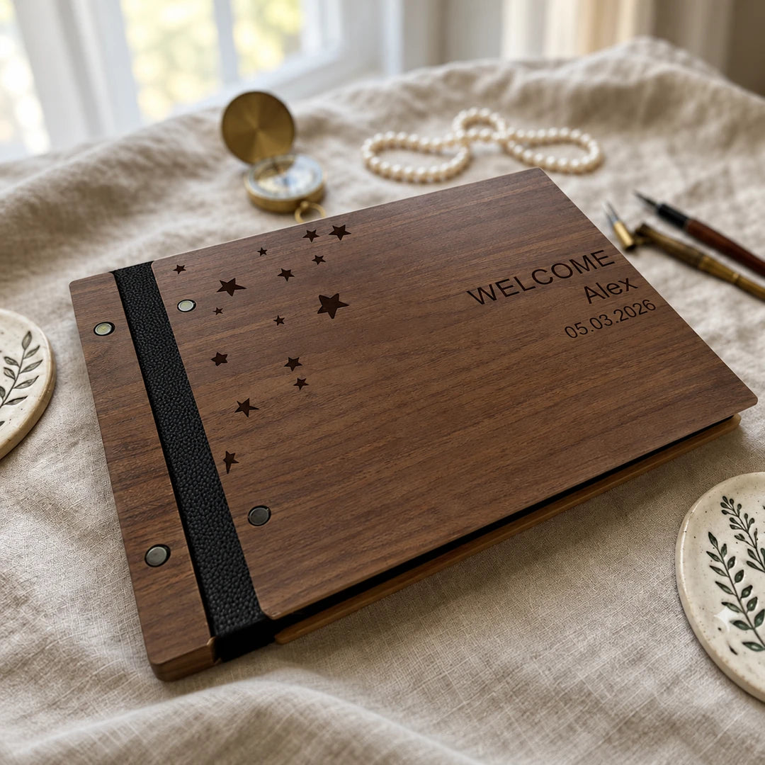 Welcome Little Stars baby book with Dark Walnut cover and personalized name and date