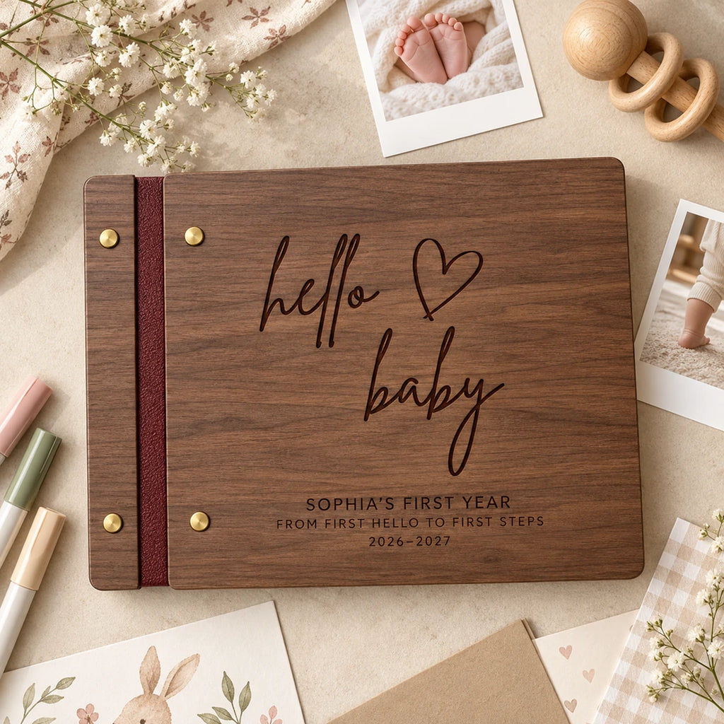 Hello Baby guest book with Dark Walnut cover and personalized first-year text