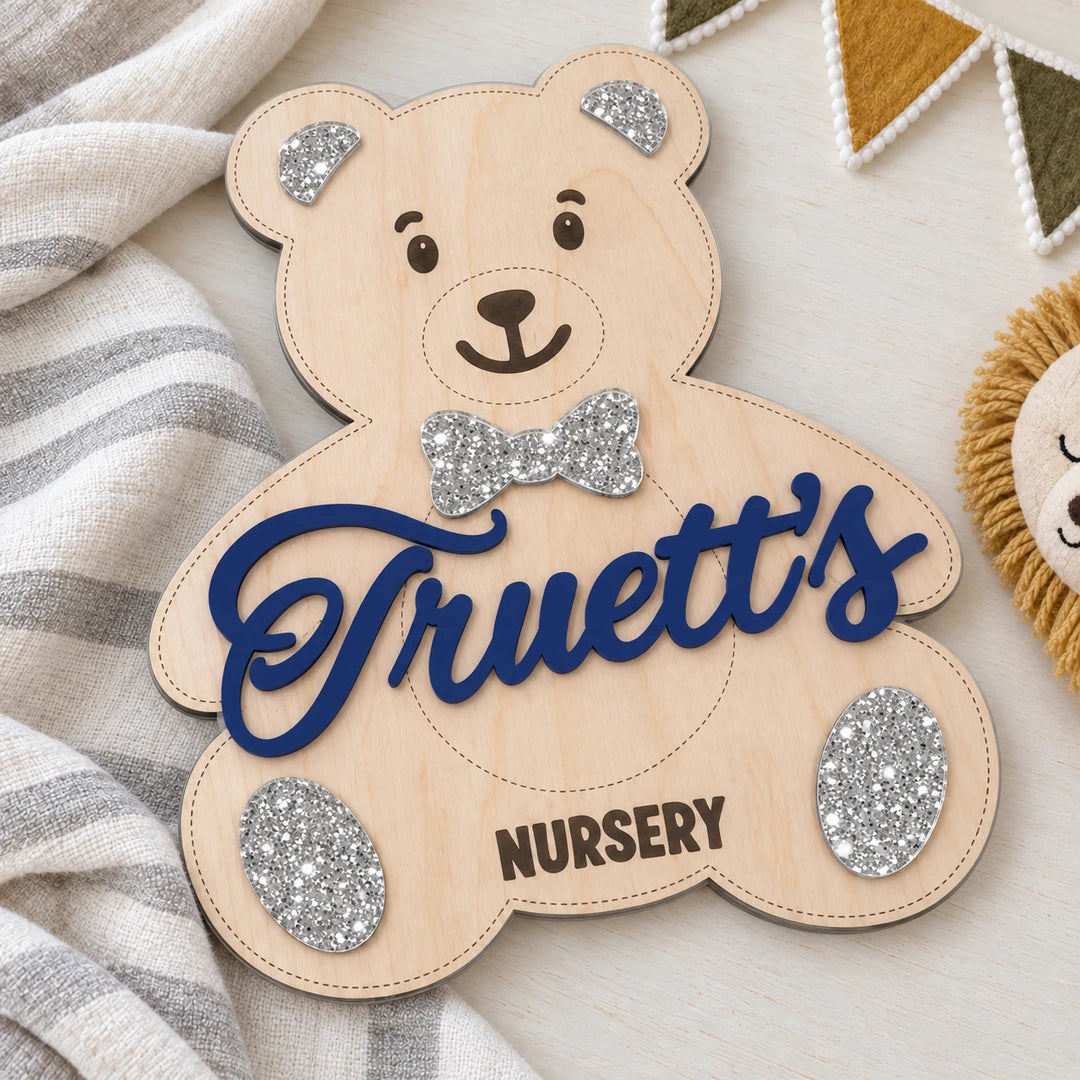 Boy teddy bear nursery sign with personalized Truett's name and NURSERY engraving