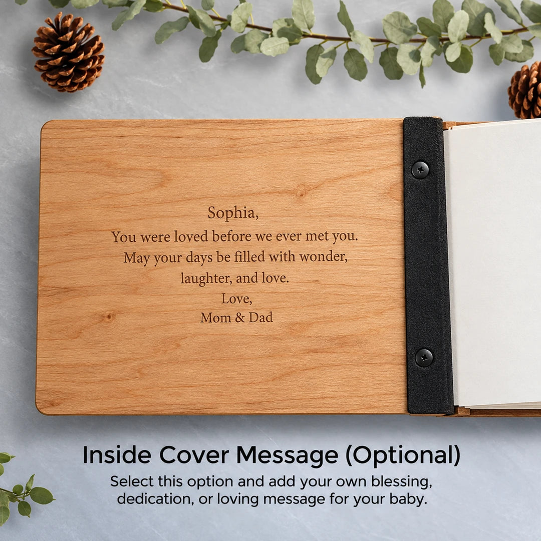 Optional engraved message inside the baby book cover