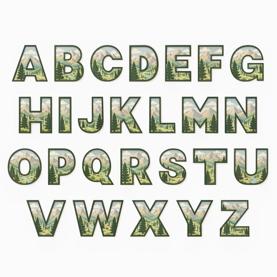 A–Z guide showing the mountain and evergreen tree design for each nursery letter