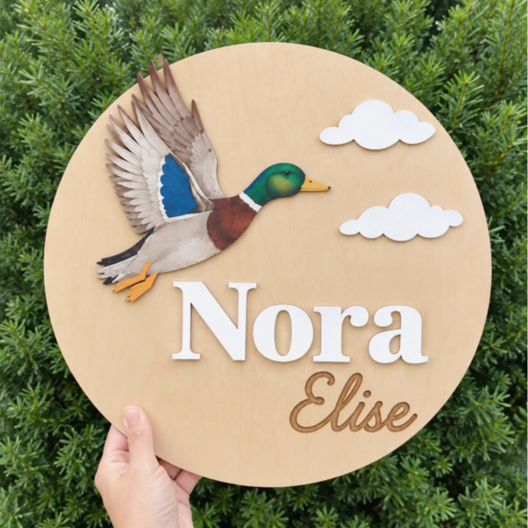 Handheld round Mallard Duck sign personalized with first and middle names