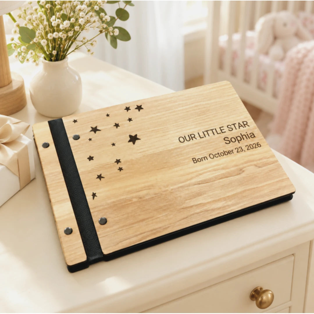 Personalized Our Little Star cover text on a Maple baby book