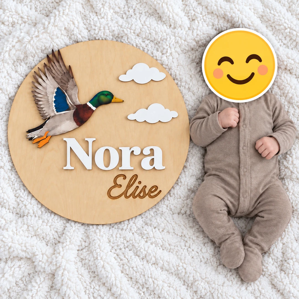 Personalized Mallard Duck name sign beside a baby as a new baby photo prop