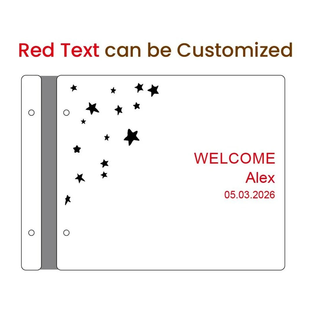 Guide to customizable words, name, and date on the star-design baby book cover