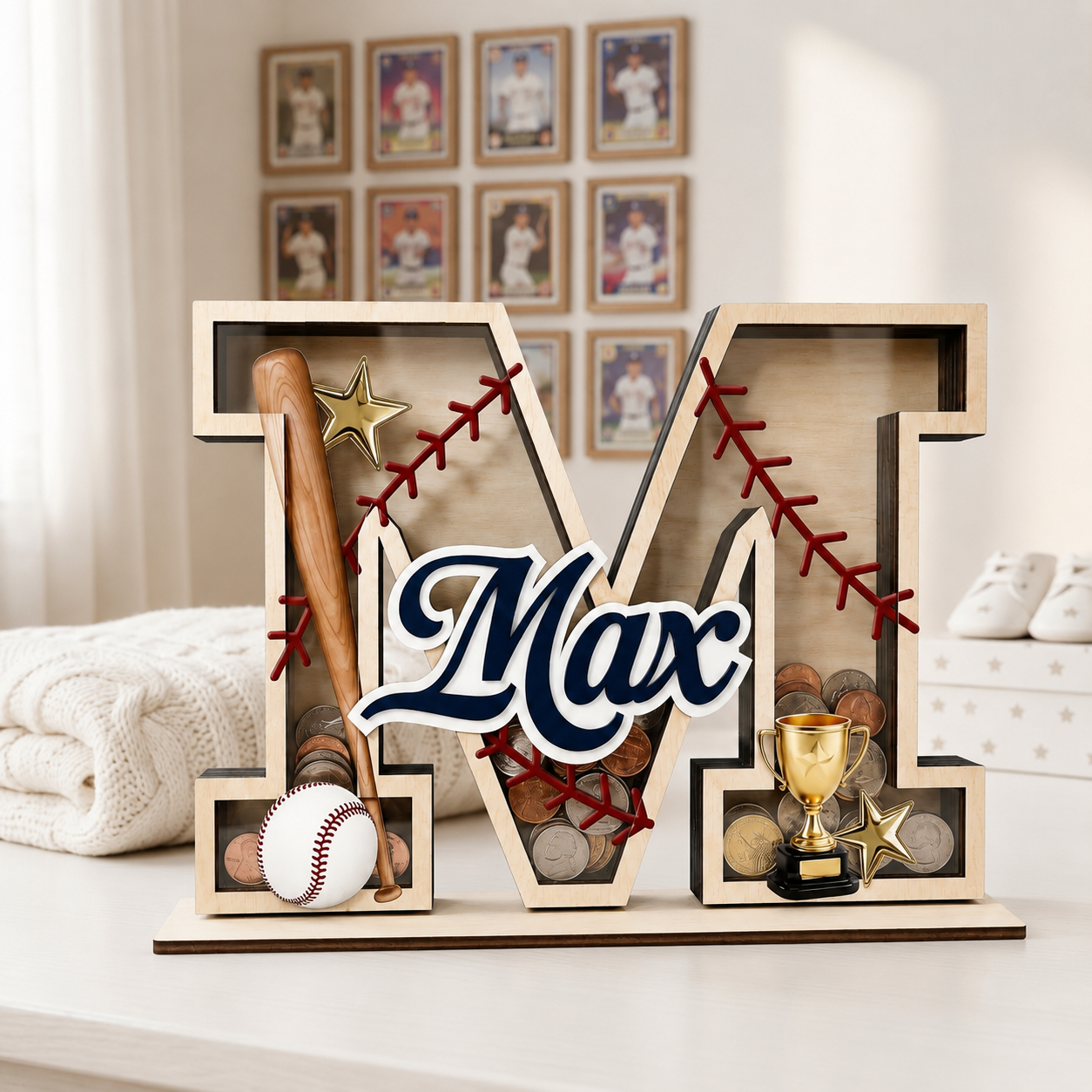 Custom Letter Piggy Bank | Baseball Themed