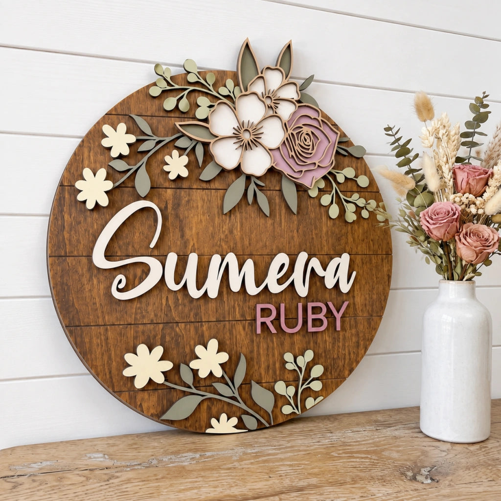 Floral Wooden Name Sign - Boho Decor
