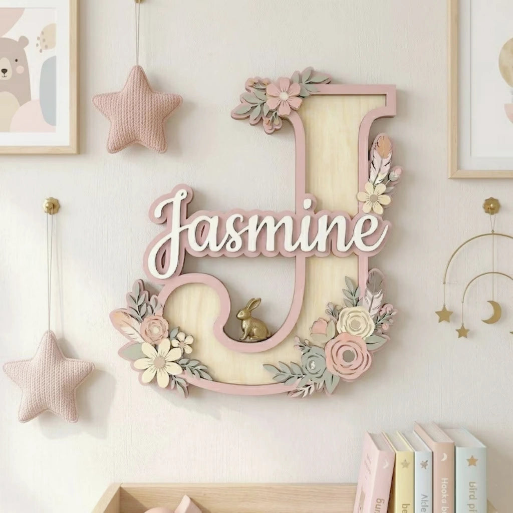 Floral Baby Name Door Sign with Initial