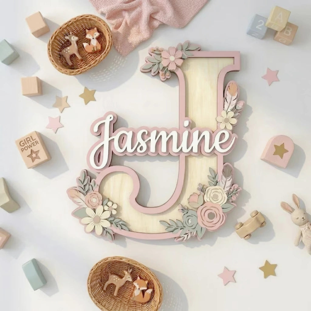 Floral Baby Name Door Sign with Initial