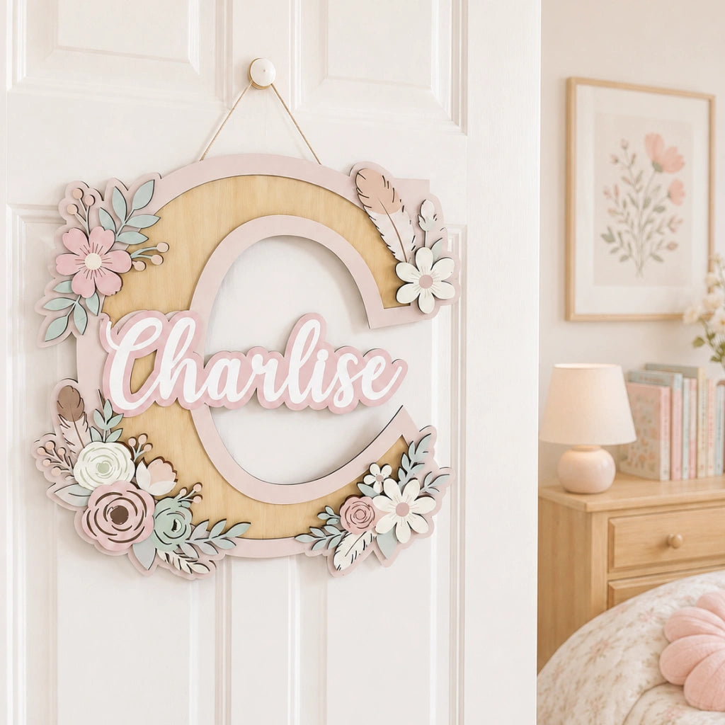 Floral Baby Name Door Sign with Initial
