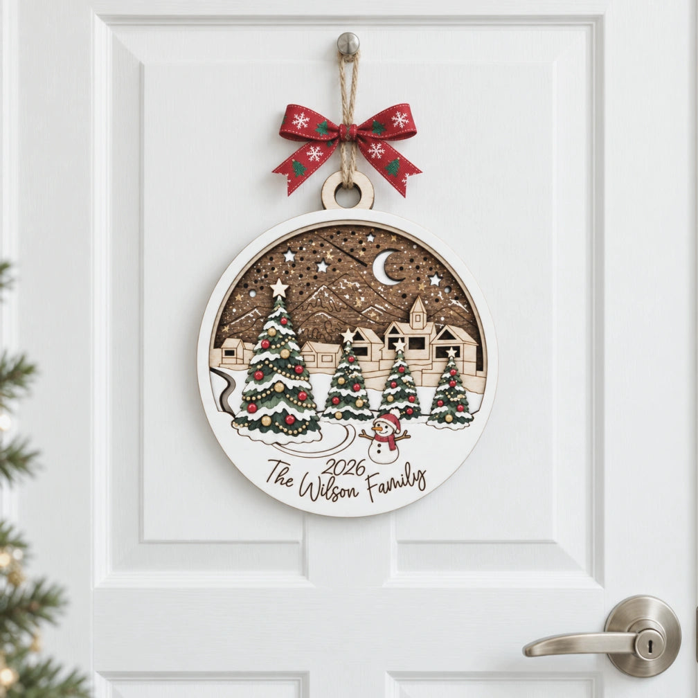 3D Wooden Christmas Scene Ornament | Custom Engraving