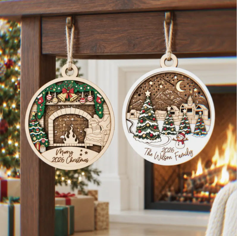 3D Wooden Christmas Scene Ornament | Custom Engraving
