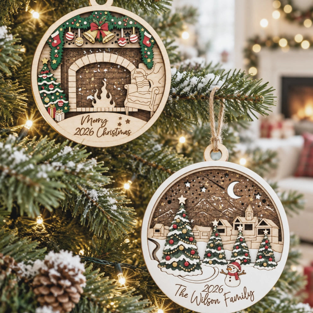 3D Wooden Christmas Scene Ornament | Custom Engraving