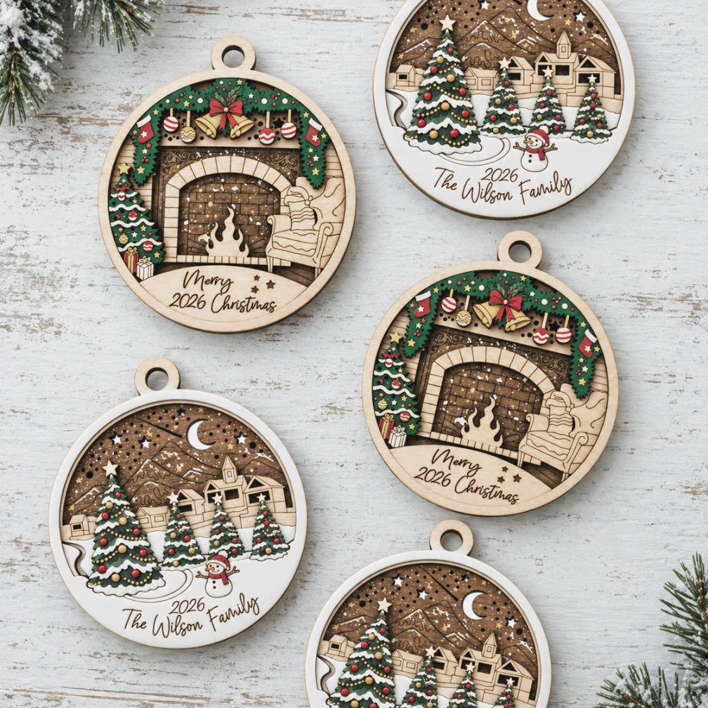 3D Wooden Christmas Scene Ornament | Custom Engraving