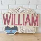 Natural Wood Nursery Name Sign | Mountain & Lake