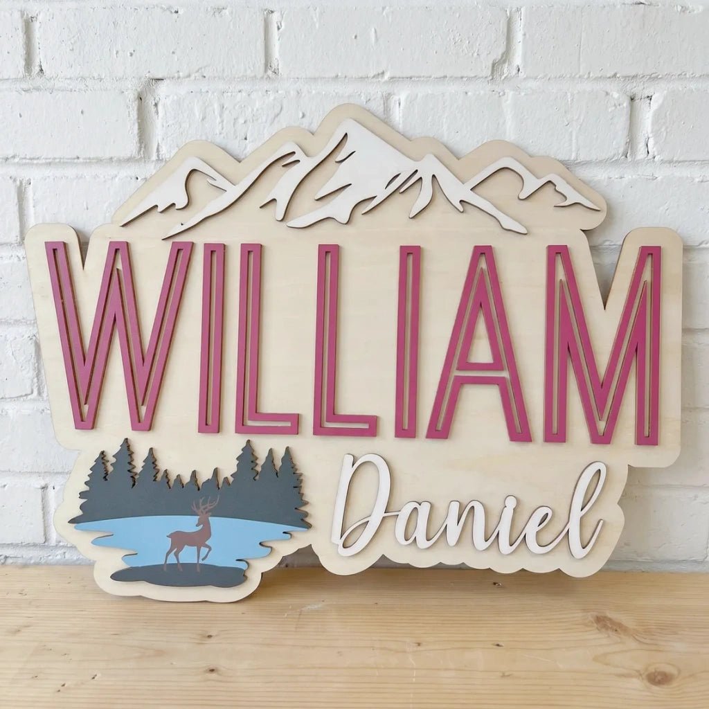 Natural Wood Nursery Name Sign | Mountain & Lake
