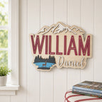 Natural Wood Nursery Name Sign | Mountain & Lake