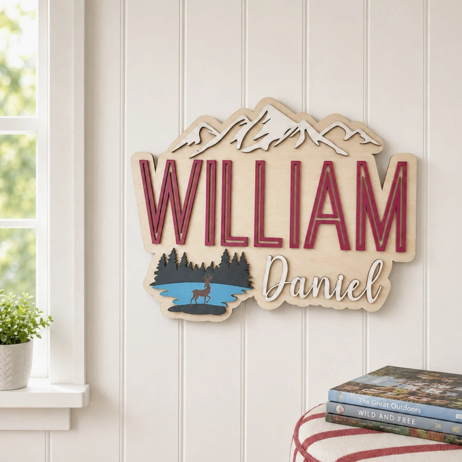 Natural Wood Nursery Name Sign | Mountain & Lake