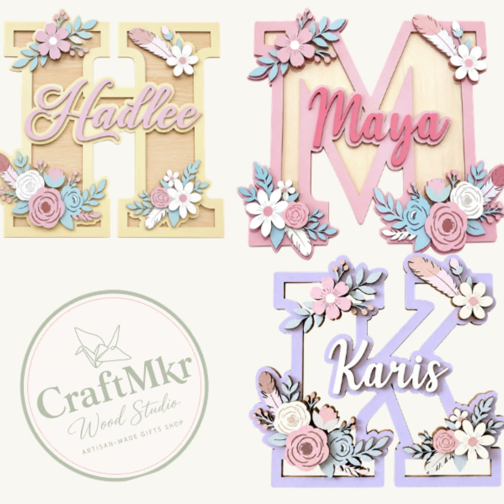 Floral Baby Name Door Sign with Initial