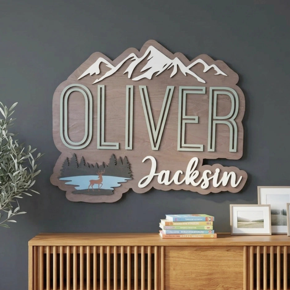 Walnut Wood Nursery Name Sign | Mountain & Lake
