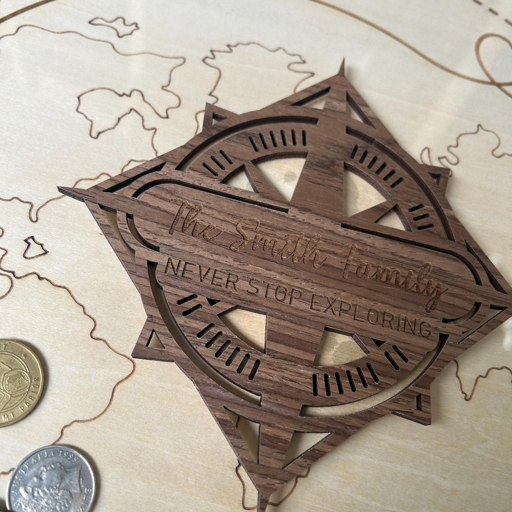 Wooden Travel Coin Holder | Compass Design