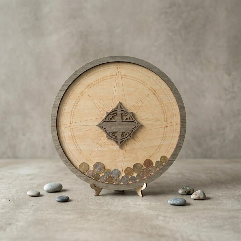 Wooden Travel Coin Holder | Compass Design