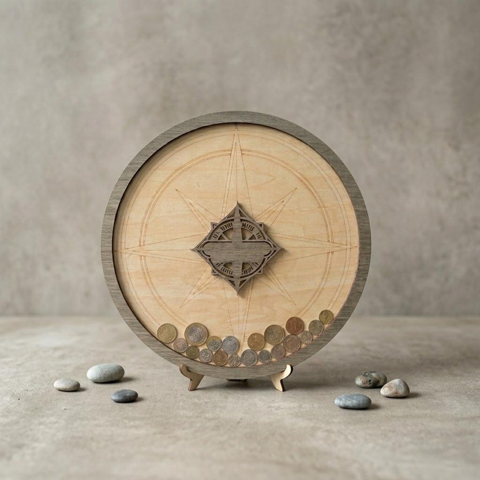 Wooden Travel Coin Holder | Compass Design