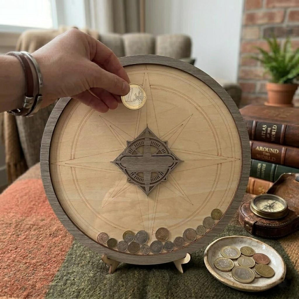 Wooden Travel Coin Holder | Compass Design