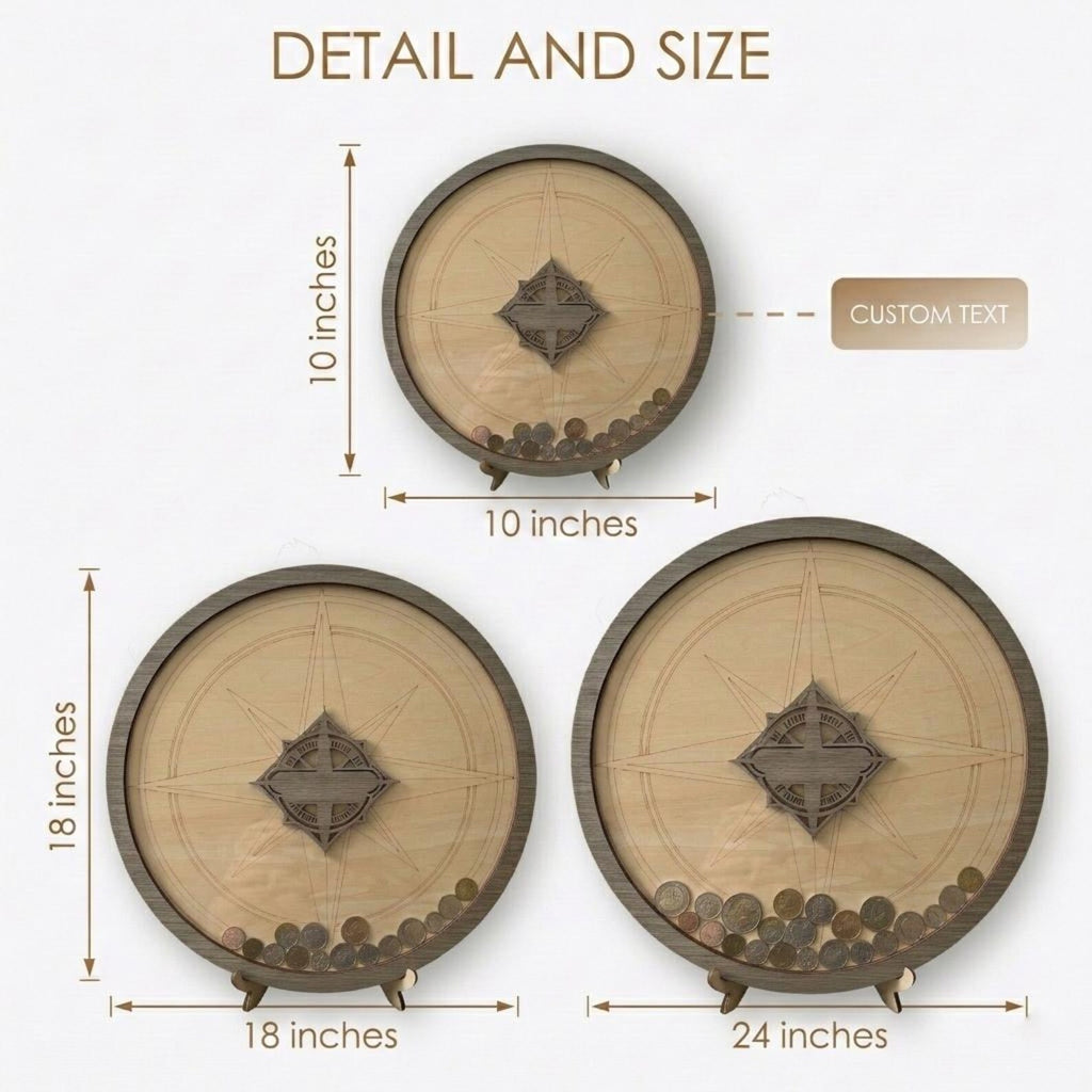 Wooden Travel Coin Holder | Compass Design