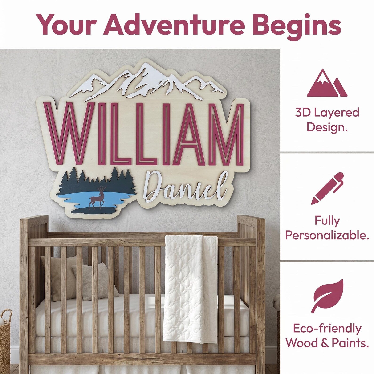 Natural Wood Nursery Name Sign | Mountain & Lake
