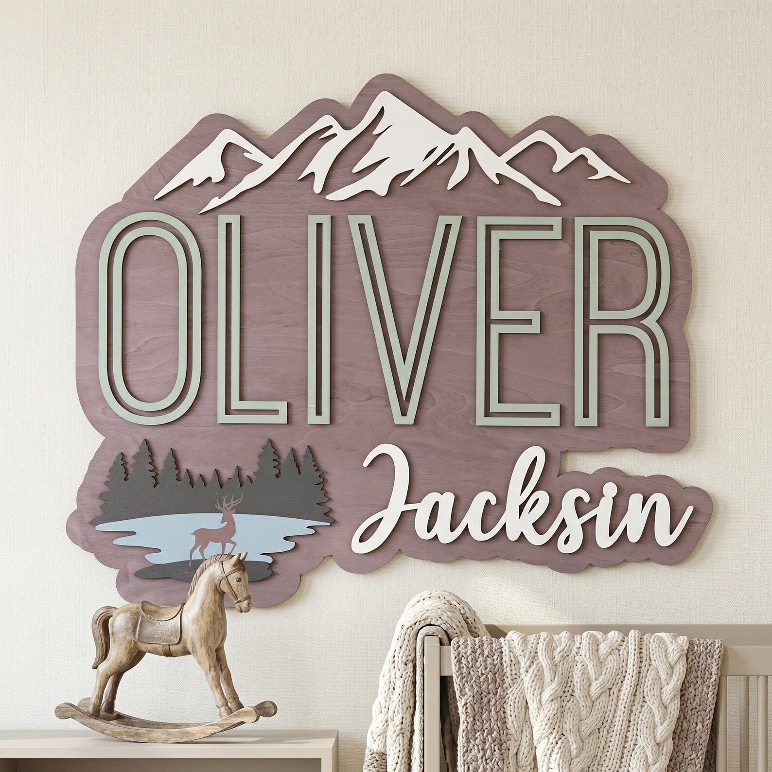 Walnut Wood Nursery Name Sign | Mountain & Lake