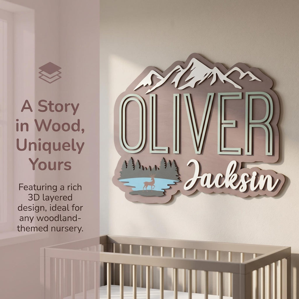 Walnut Wood Nursery Name Sign | Mountain & Lake
