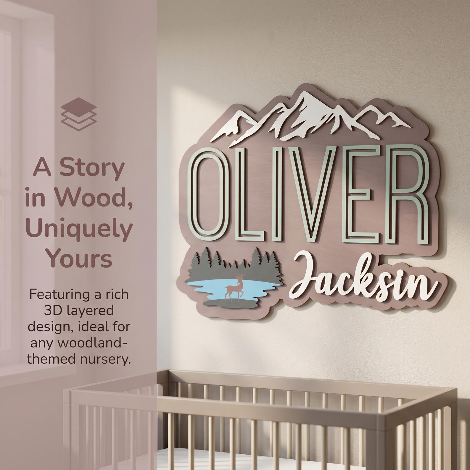 Walnut Wood Nursery Name Sign | Mountain & Lake