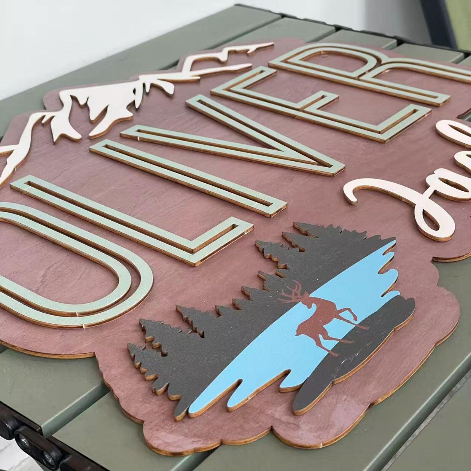 Walnut Wood Nursery Name Sign | Mountain & Lake