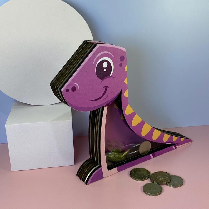 Purple Dinosaur Wooden Piggy Bank | Customizable