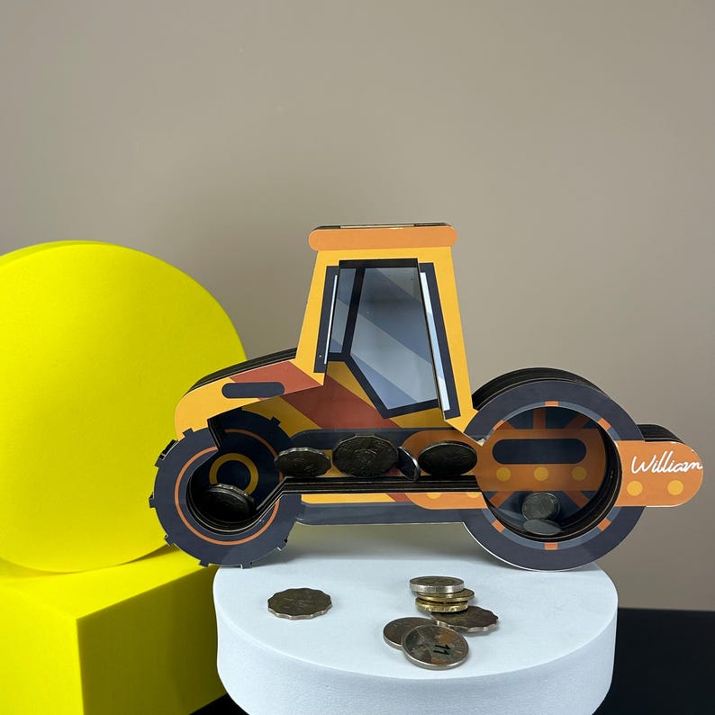 Road Roller Wooden Piggy Bank | Customizable